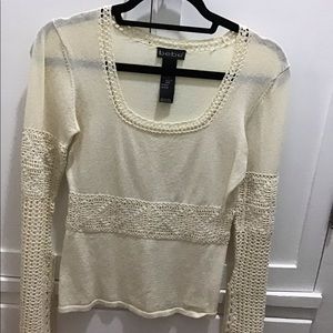 BEBE top with crochet sleeves and mid L